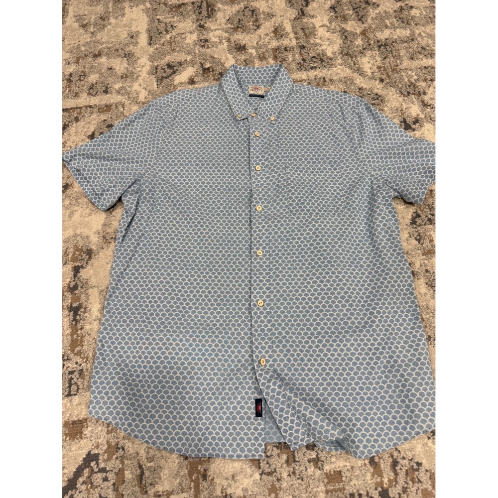 Faherty Brand Mens XL Indigo Dyed Scallop Print Short Sleeve‎ Shirt Fish Scales